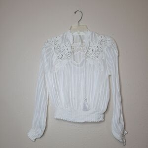 Anthropologie Moira Peasant Boho Smocked V Neck Crochet Blouse White Sz 6